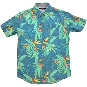 Stoic Mens Blue Tropical Bird of Paradise Floral Cotton Button Down Shirt Size M